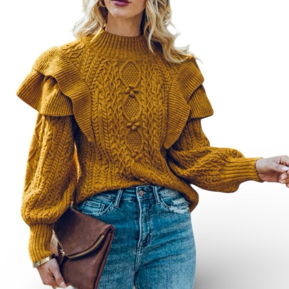 Vici Sweaters - Mustard Cable Knit Ruffle Sweater - Chunky Cozy Fall Pullover - Women’s XL